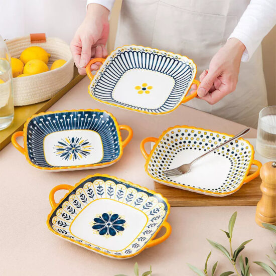 Nordic square ceramic plate with dual handles for modern dining