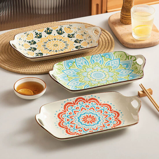 Nordic square ceramic plate with dual handles for modern dining