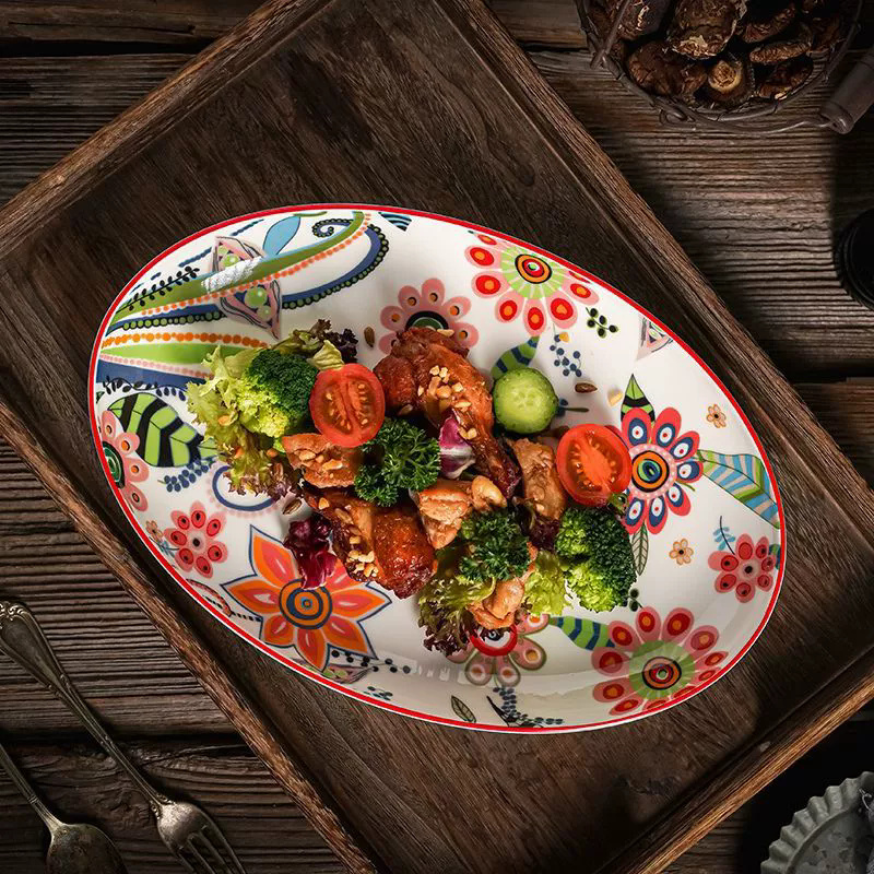 Nordic-style large ceramic serving plates in rectangular and oval shapes
