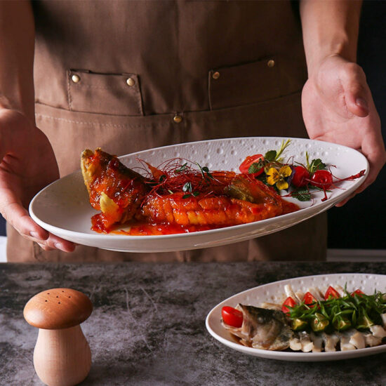 Nordic-style large ceramic serving plates in rectangular and oval shapes