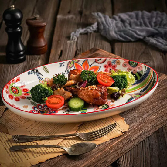 Nordic-style large ceramic serving plates in rectangular and oval shapes
