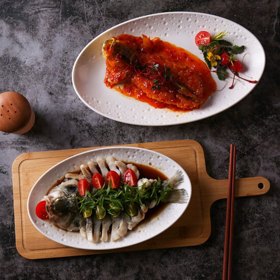 Nordic-style large ceramic serving plates in rectangular and oval shapes