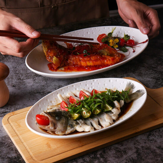 Nordic-style large ceramic serving plates in rectangular and oval shapes