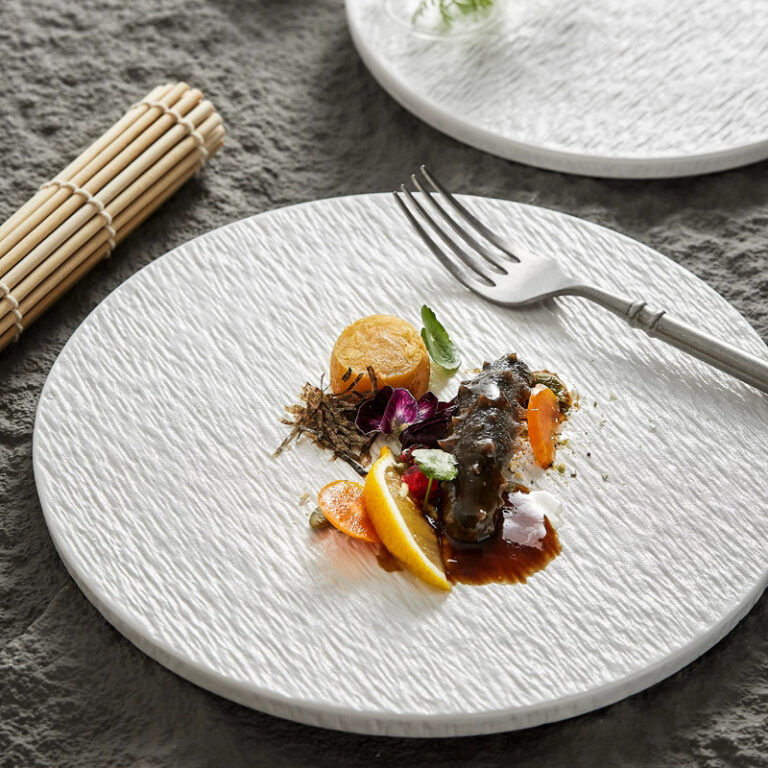 Large stone-pattern ceramic flat steak plate for restaurants and modern dining