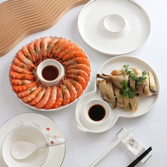 Ceramic dumpling plate with integrated dipping sauce dish for modern dining