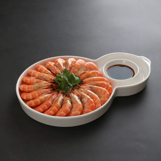 Ceramic dumpling plate with integrated dipping sauce dish for modern dining