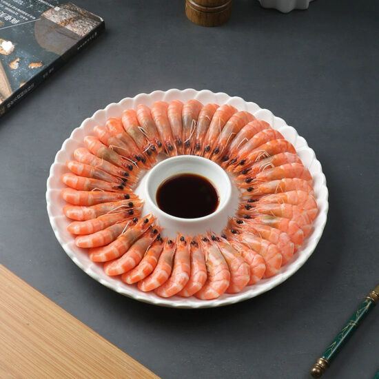 Ceramic dumpling plate with integrated dipping sauce dish for modern dining
