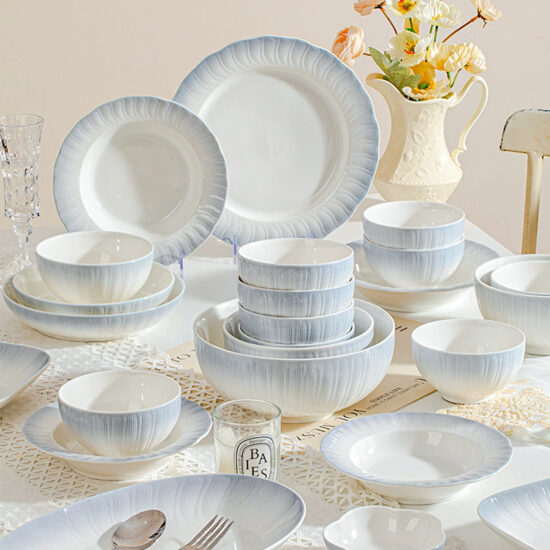 Solid color embossed ceramic dinner plate for Western food presentation