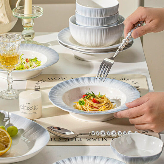 Solid color embossed ceramic dinner plate for Western food presentation