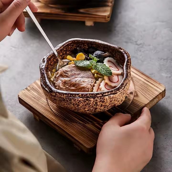 Irregular shape Japanese ceramic bowl with artistic design for wholesale and modern dining