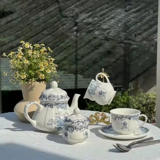 Vintage floral ceramic teapot set with cups and tray