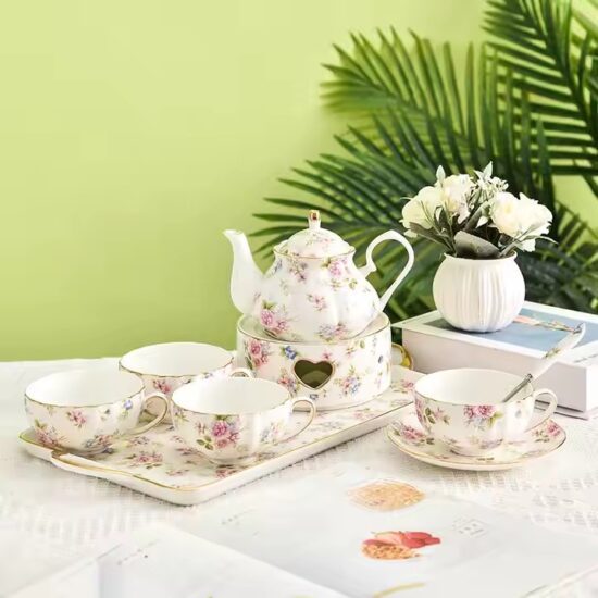 Vintage floral ceramic teapot set with cups and tray