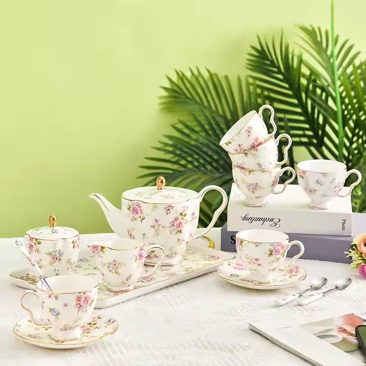 Vintage floral ceramic teapot set with cups and tray