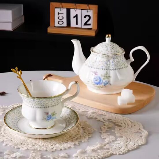 Vintage floral ceramic teapot set with cups and tray