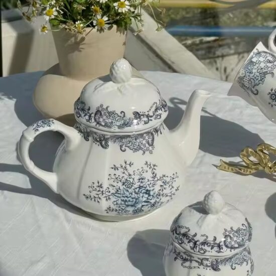 Vintage floral ceramic teapot set with cups and tray