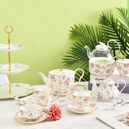 Vintage floral ceramic teapot set with cups and tray