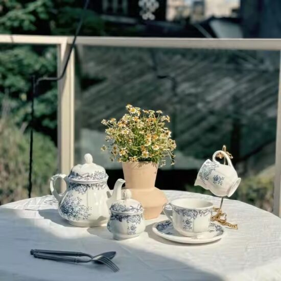 Vintage floral ceramic teapot set with cups and tray