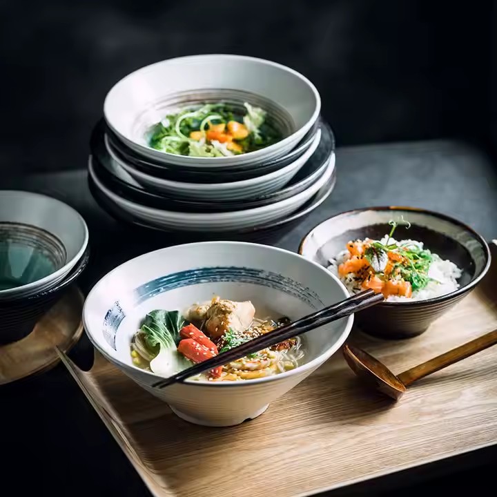 Vintage Japanese ceramic ramen bowl with luxurious glaze, ideal for home and restaurant tableware