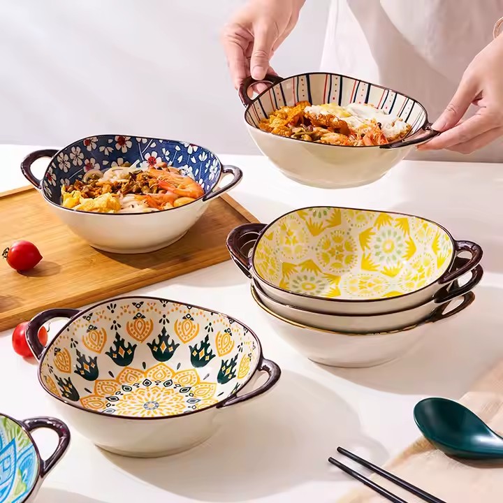 Handmade Japanese ceramic ramen bowl for salad and soup with traditional glaze finish