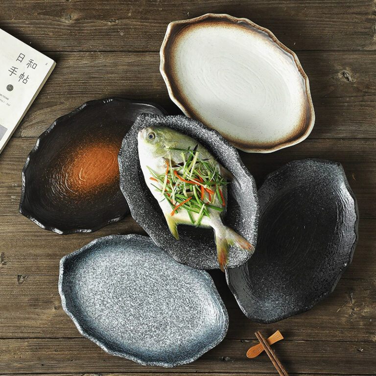 Large Japanese-style oval ceramic sashimi plate for seafood presentation
