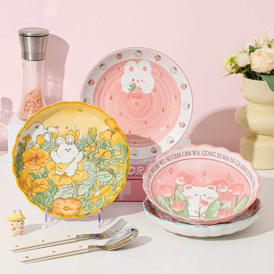 Cute hand-painted cartoon ceramic plate with colorful design