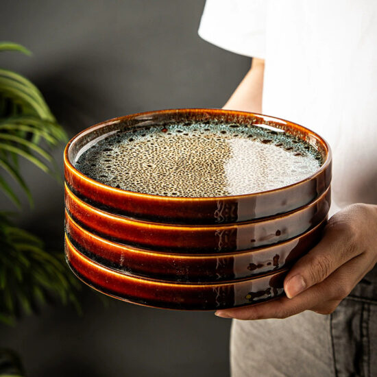 Reactive glaze ceramic dinner plate with handcrafted finish for stylish dining