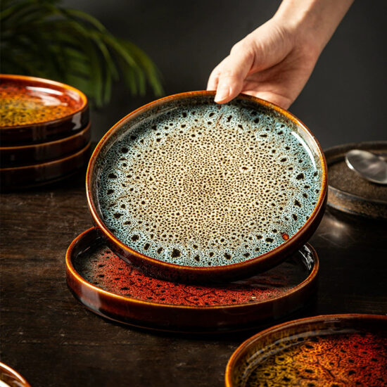 Reactive glaze ceramic dinner plate with handcrafted finish for stylish dining