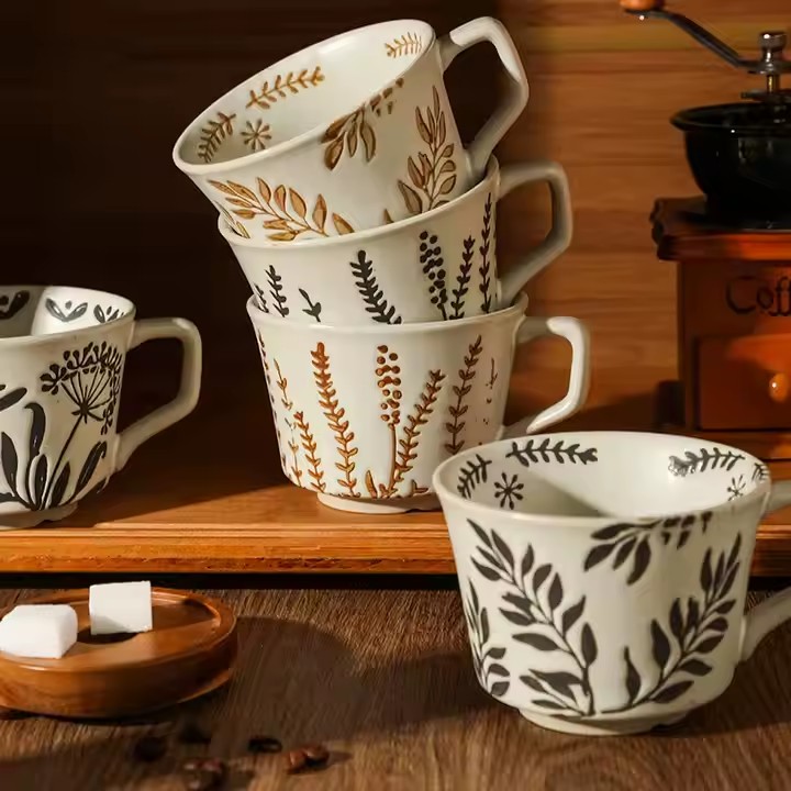 Retro ceramic cappuccino mug with vintage glaze for home and café use
