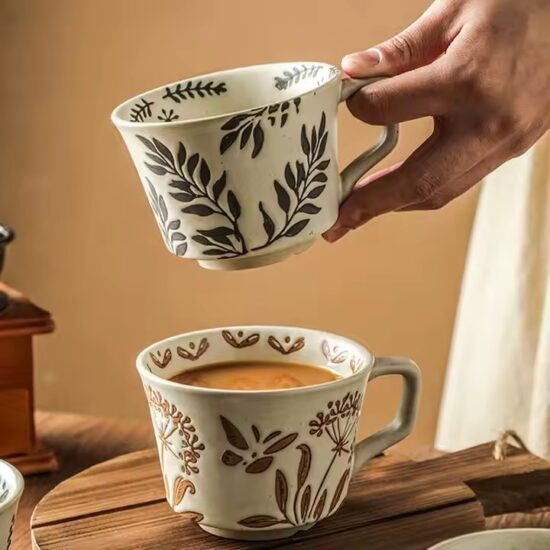 Retro ceramic cappuccino mug with vintage glaze for home and café use