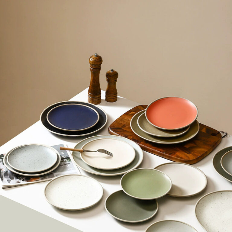 Rustic terracotta ceramic steak plate with vintage round design for restaurants