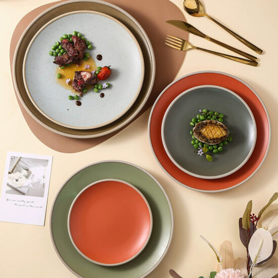 Rustic terracotta ceramic steak plate with vintage round design for restaurants