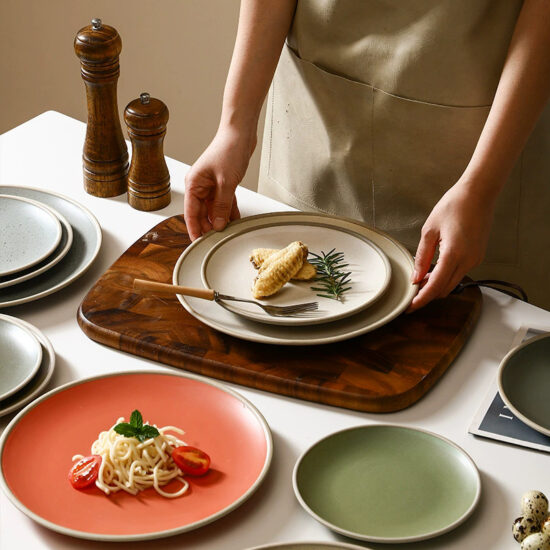 Rustic terracotta ceramic steak plate with vintage round design for restaurants