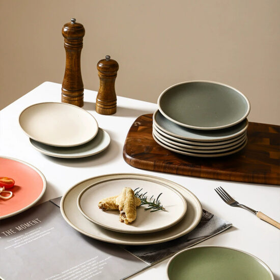Rustic terracotta ceramic steak plate with vintage round design for restaurants