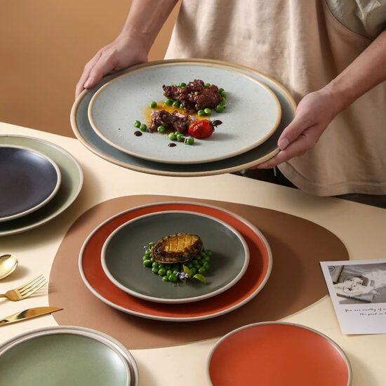 Rustic terracotta ceramic steak plate with vintage round design for restaurants