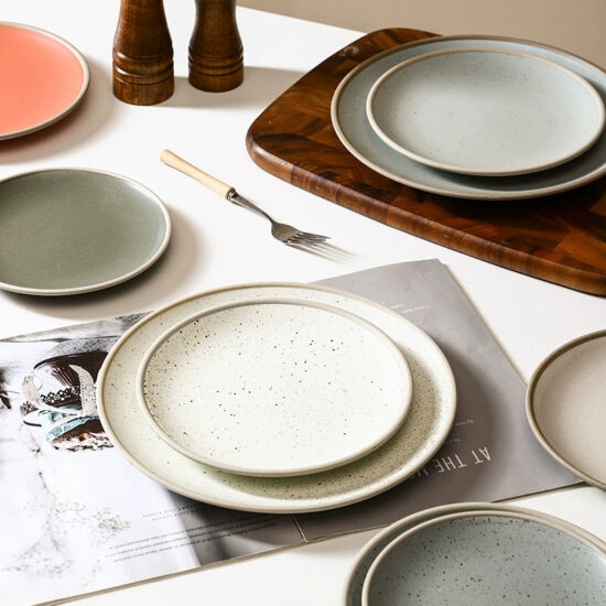 Rustic terracotta ceramic steak plate with vintage round design for restaurants