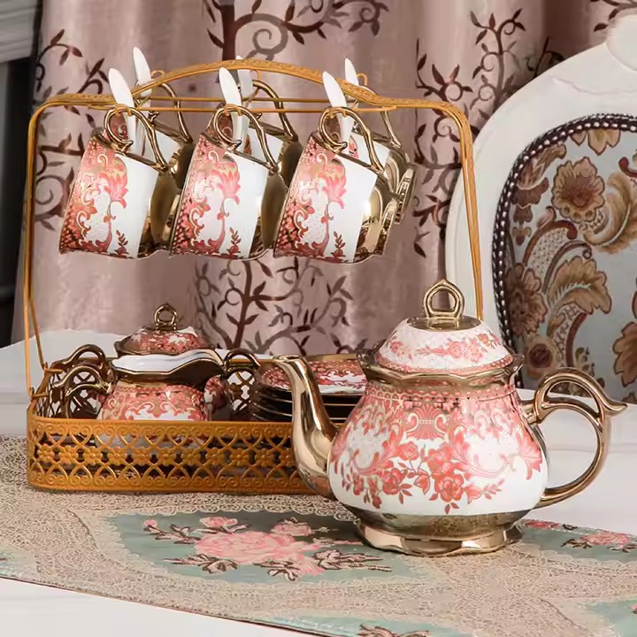 Arabic Turkish Ceramic Teapot and Cup Set with Ornate Design