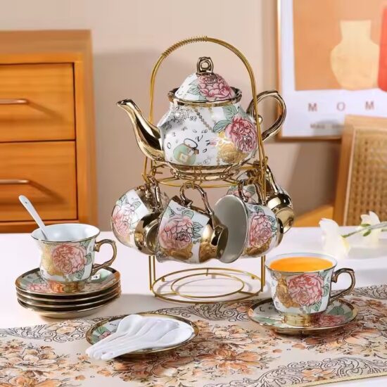 Arabic Turkish Ceramic Teapot and Cup Set with Ornate Design