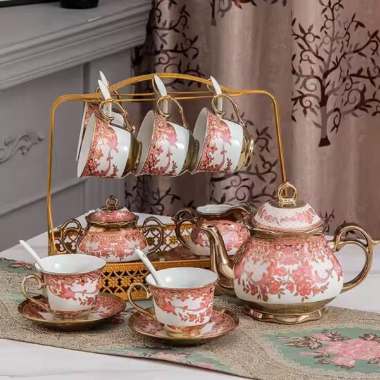 Arabic Turkish Ceramic Teapot and Cup Set with Ornate Design