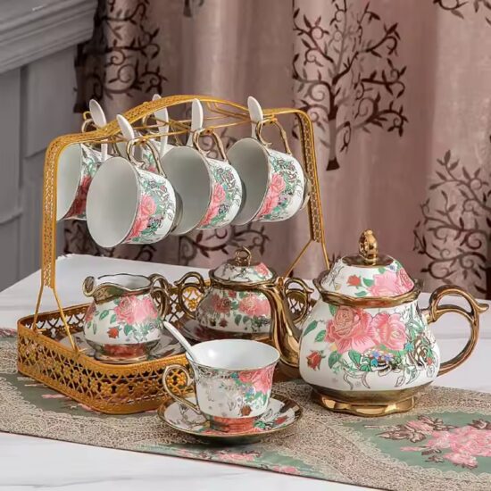 Arabic Turkish Ceramic Teapot and Cup Set with Ornate Design