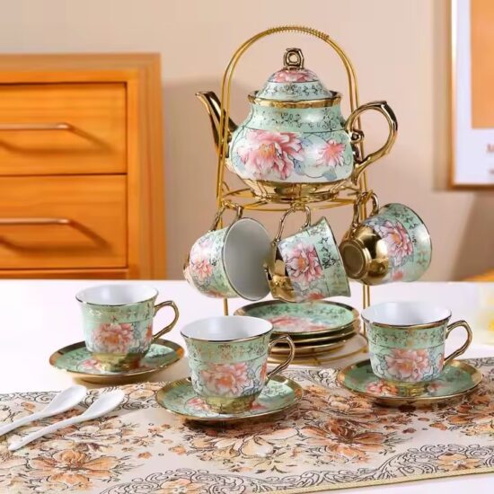 Arabic Turkish Ceramic Teapot and Cup Set with Ornate Design