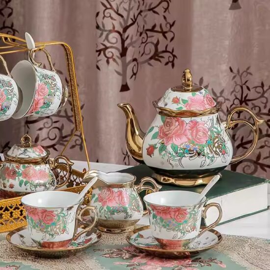 Arabic Turkish Ceramic Teapot and Cup Set with Ornate Design