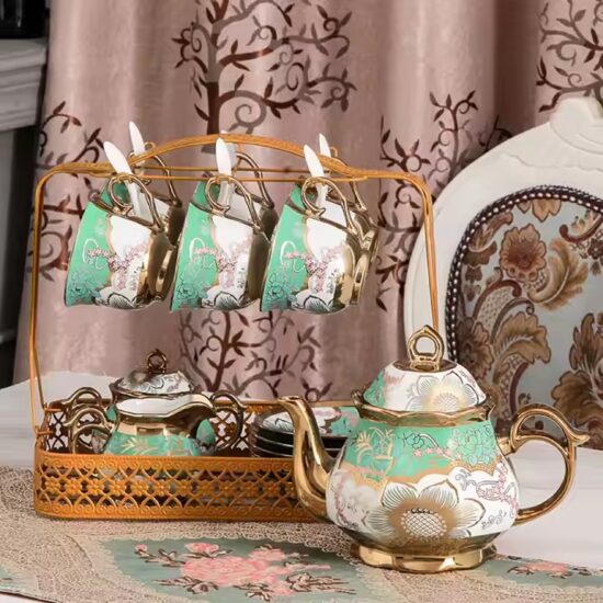 Arabic Turkish Ceramic Teapot and Cup Set with Ornate Design