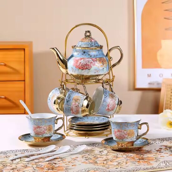 Arabic Turkish Ceramic Teapot and Cup Set with Ornate Design