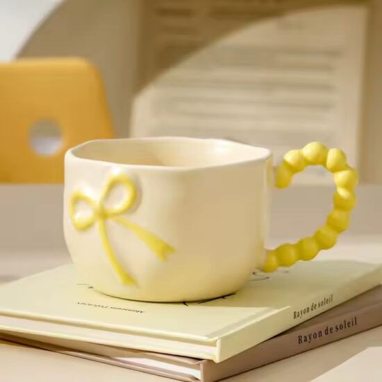 Cream color French minimalist ceramic coffee mug for home and cafe use
