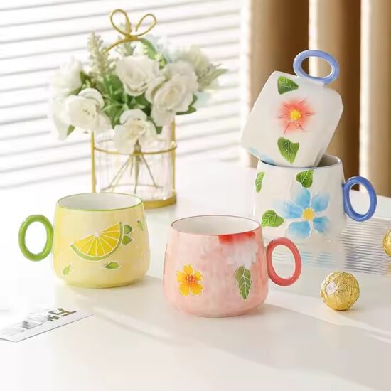 Japanese hand-painted embossed ceramic belly mug with large capacity
