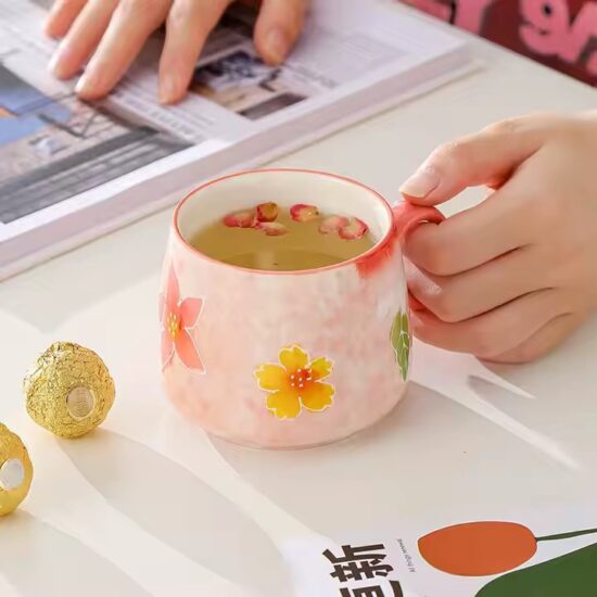 Japanese hand-painted embossed ceramic belly mug with large capacity