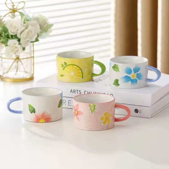 Japanese hand-painted embossed ceramic belly mug with large capacity