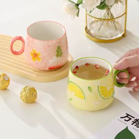 Japanese hand-painted embossed ceramic belly mug with large capacity