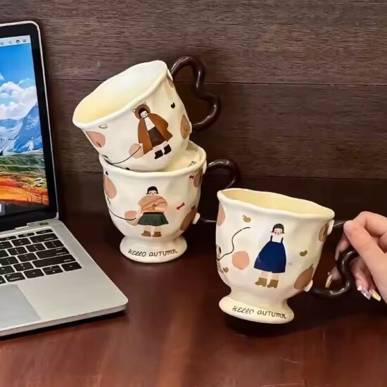 Vintage tall ceramic mug with cartoon girl design for wholesale