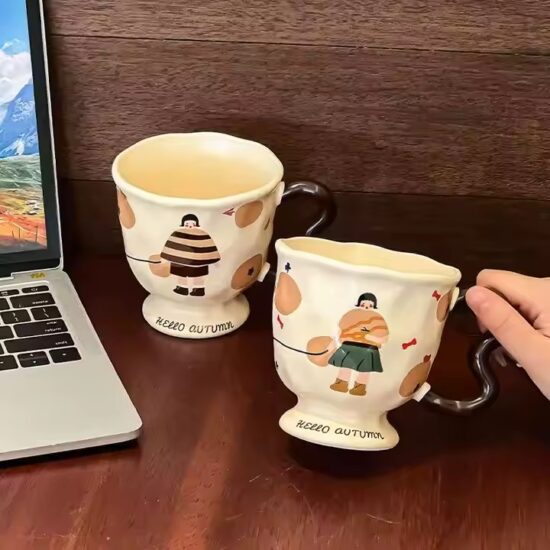 Vintage tall ceramic mug with cartoon girl design for wholesale
